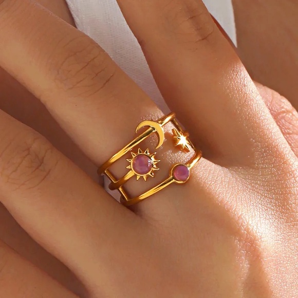 Chelsea Rose Collections Jewelry - Celestial Sun, Moon& Star Ring with Pink Stones